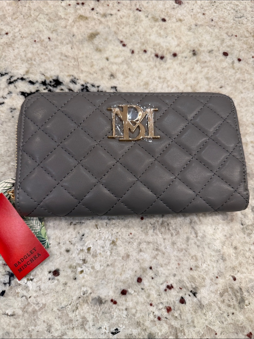 Badgley Mischka Quilted Charcoal Gray Zip-Around Wallet with Gold Logo